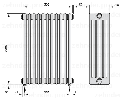 Схема (чертеж) Радиатор Zehnder Charleston 6220/11 №3570 Белый глянцевый RAL 9016